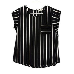 2/$30 Lily White - Black & White Striped Blouse Medium Cap Sleeve Pocket Top